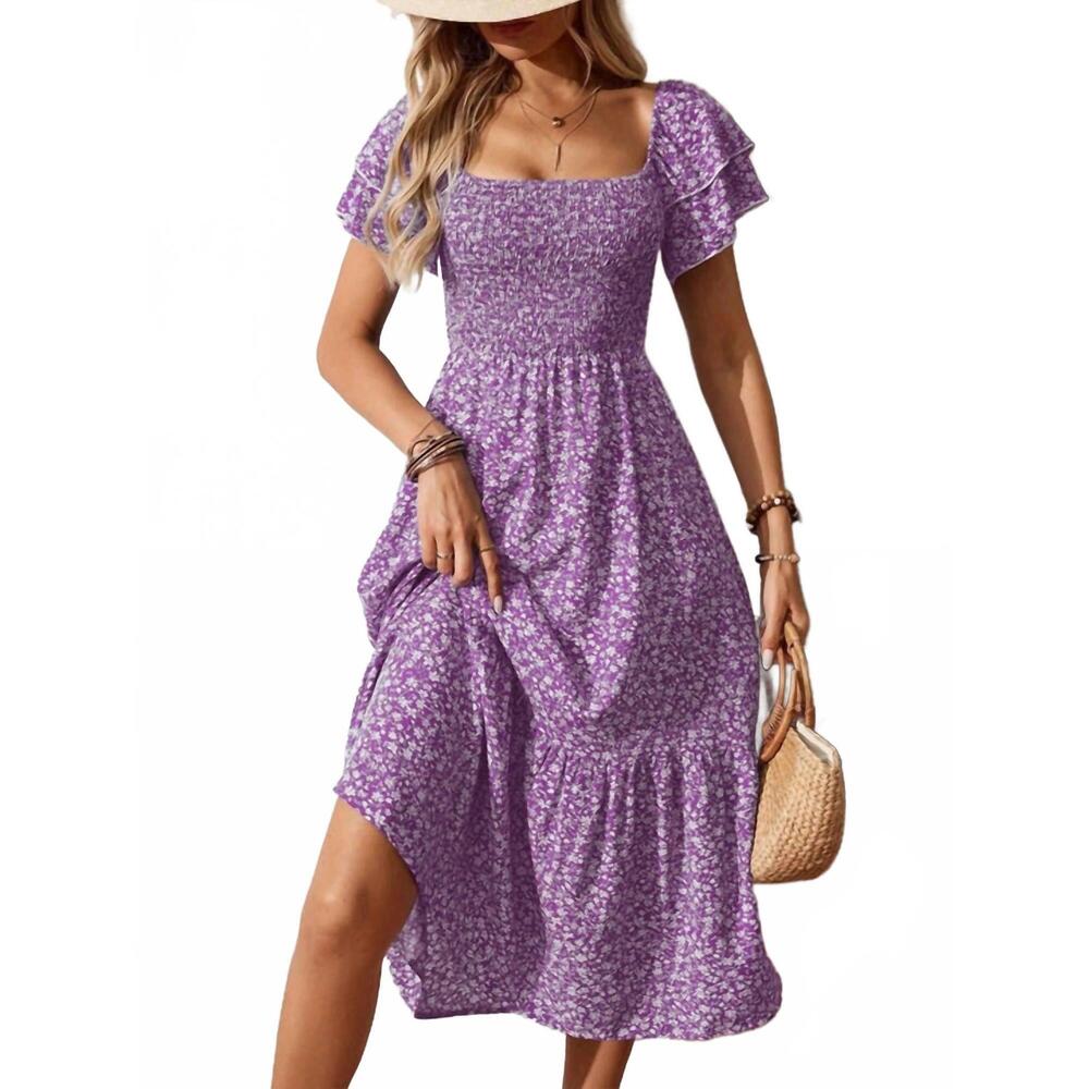 NEW LOVESOFT floral square neck smocked maxi summer dress in purple